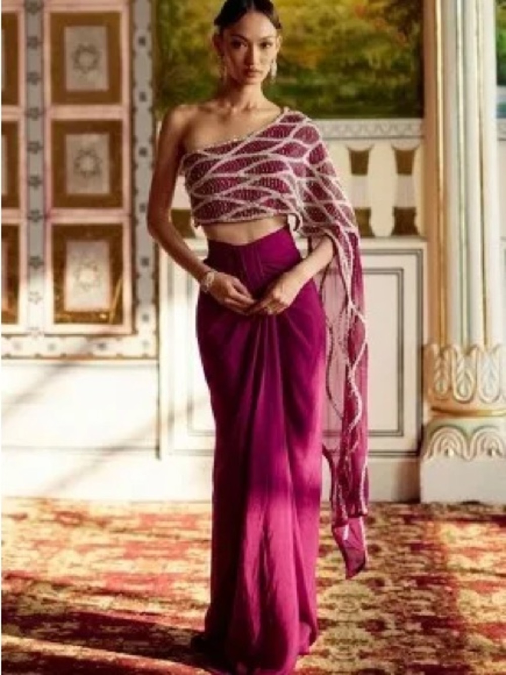 Magenta One-Shoulder Embellished Lehenga Set